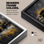 Abstract Kaaba wall art featuring the Holy Kaaba at Masjid al Haram rendered in dramatic black, charcoal, and gold tones. Expressive brushwork, metallic-style gold accents, and a contemporary composition create a striking Islamic focal point.