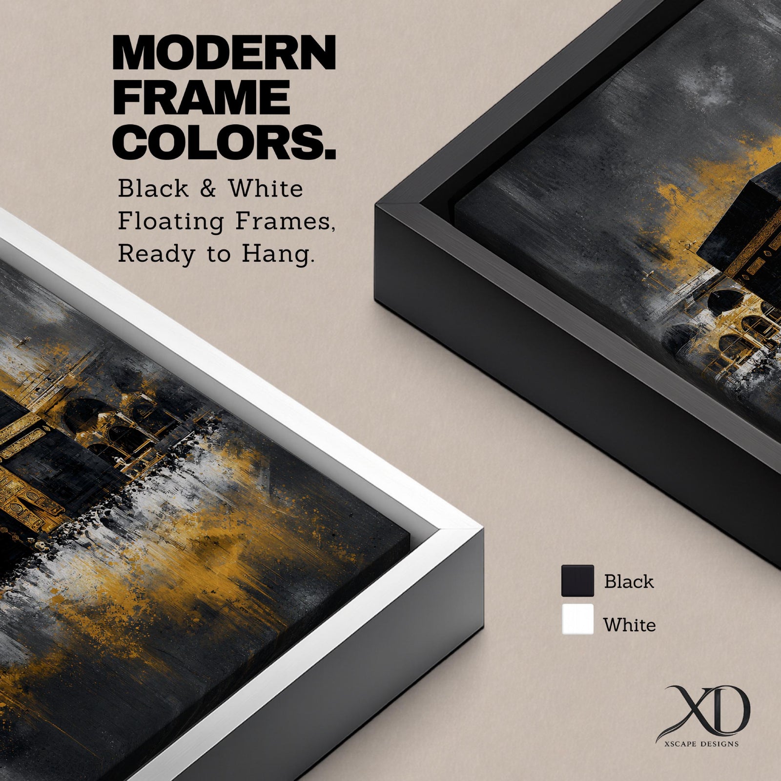 Abstract Kaaba wall art featuring the Holy Kaaba at Masjid al Haram rendered in dramatic black, charcoal, and gold tones. Expressive brushwork, metallic-style gold accents, and a contemporary composition create a striking Islamic focal point.
