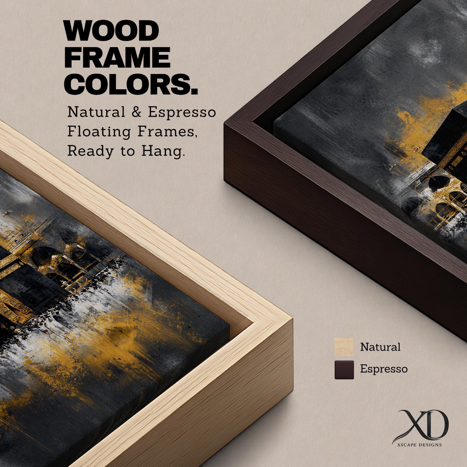 Abstract Kaaba wall art featuring the Holy Kaaba at Masjid al Haram rendered in dramatic black, charcoal, and gold tones. Expressive brushwork, metallic-style gold accents, and a contemporary composition create a striking Islamic focal point.