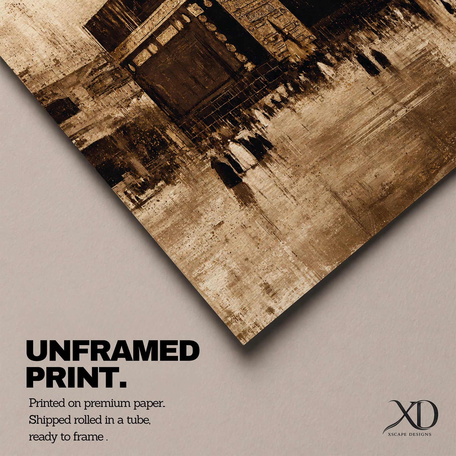 Bring the sacred beauty of Islam into your home with this Kaaba Wall Art, featuring a vintage sepia impressionist portrayal of the Holy Kaaba in Mecca. Rich neutral tones, expressive textures, and timeless painterly details create a peaceful focal point for prayer rooms and elegant Islamic interiors.