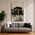 Elegant Kaaba wall art featuring the Holy Kaaba adorned with gold detailing, surrounded by worshippers in a textured abstract composition. Neutral black, gold, and ivory tones create a sophisticated Islamic canvas perfect for prayer rooms, living spaces, and Muslim home decor.