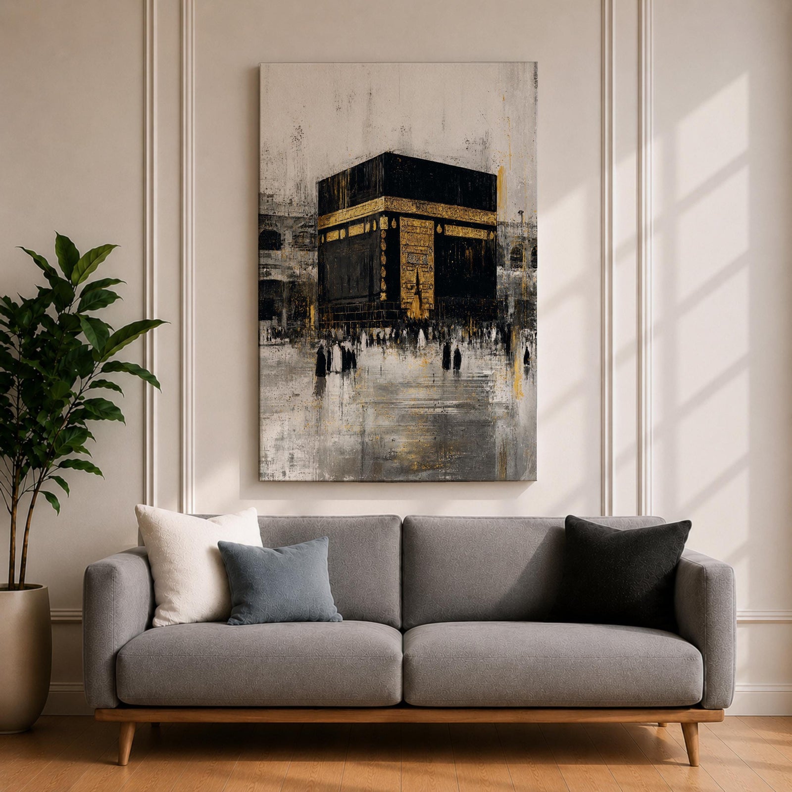 Elegant Kaaba wall art featuring the Holy Kaaba adorned with gold detailing, surrounded by worshippers in a textured abstract composition. Neutral black, gold, and ivory tones create a sophisticated Islamic canvas perfect for prayer rooms, living spaces, and Muslim home decor.