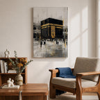 Elegant Kaaba wall art featuring the Holy Kaaba adorned with gold detailing, surrounded by worshippers in a textured abstract composition. Neutral black, gold, and ivory tones create a sophisticated Islamic canvas perfect for prayer rooms, living spaces, and Muslim home decor.