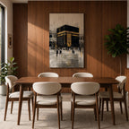Elegant Kaaba wall art featuring the Holy Kaaba adorned with gold detailing, surrounded by worshippers in a textured abstract composition. Neutral black, gold, and ivory tones create a sophisticated Islamic canvas perfect for prayer rooms, living spaces, and Muslim home decor.
