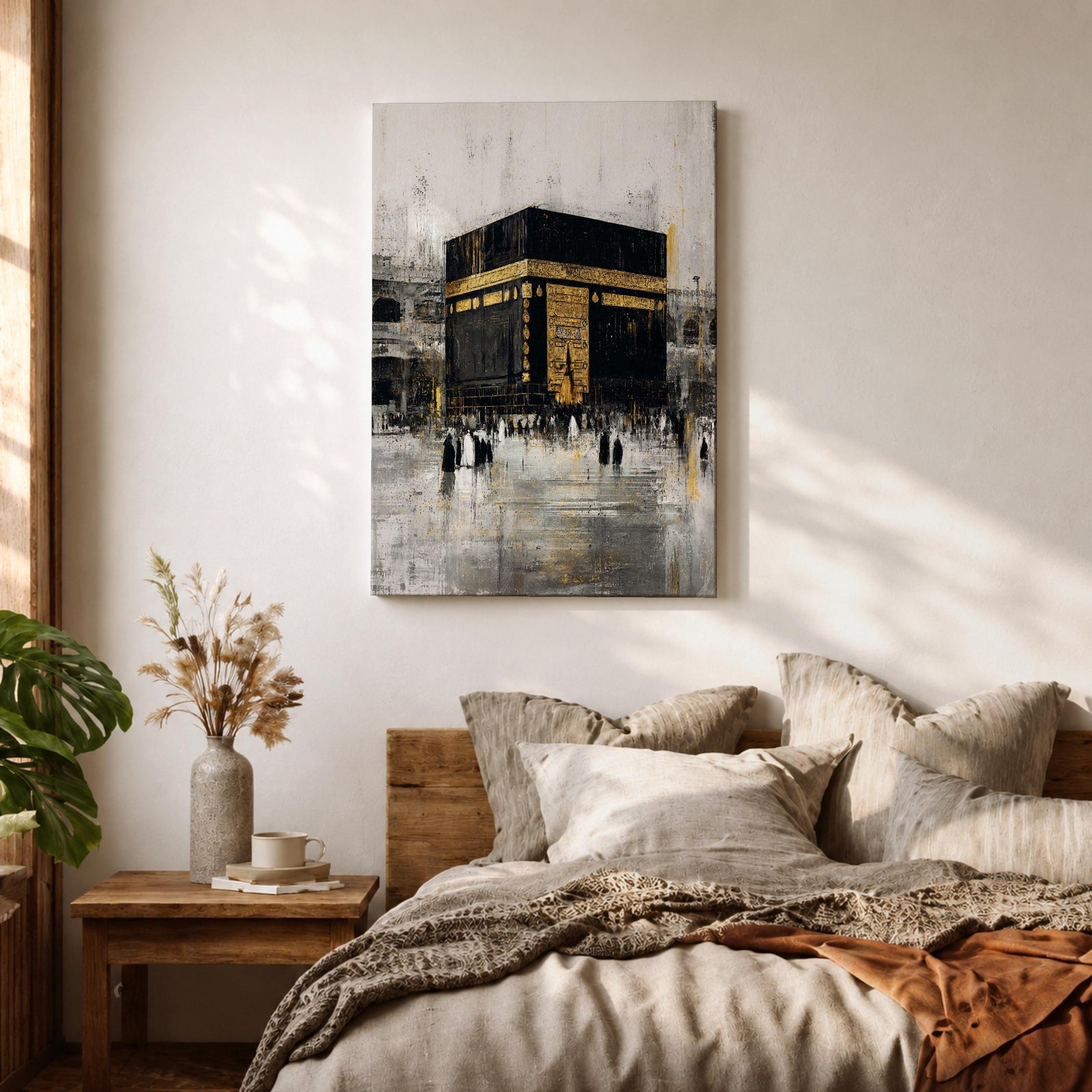 Elegant Kaaba wall art featuring the Holy Kaaba adorned with gold detailing, surrounded by worshippers in a textured abstract composition. Neutral black, gold, and ivory tones create a sophisticated Islamic canvas perfect for prayer rooms, living spaces, and Muslim home decor.