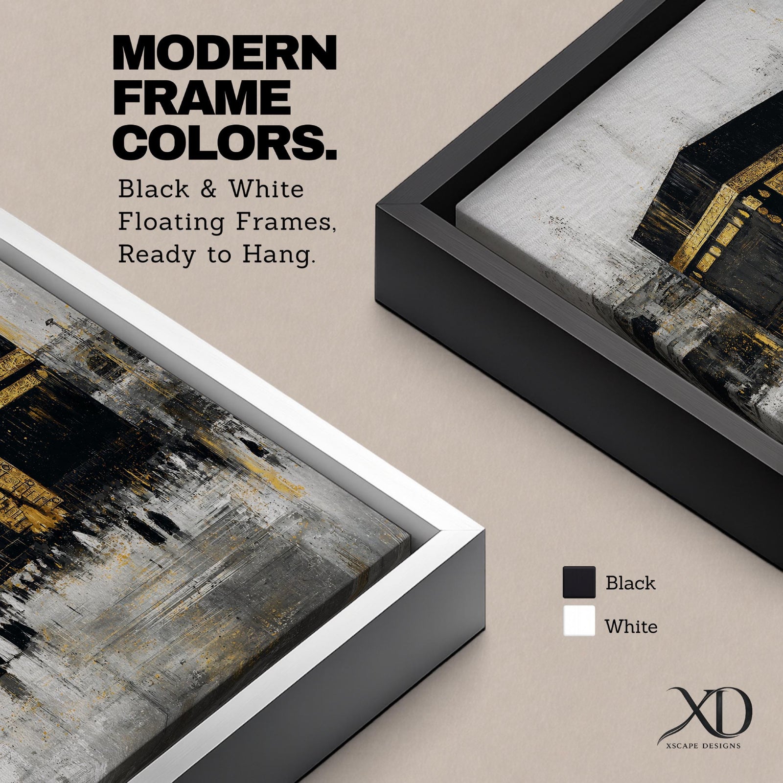 Elegant Kaaba wall art featuring the Holy Kaaba adorned with gold detailing, surrounded by worshippers in a textured abstract composition. Neutral black, gold, and ivory tones create a sophisticated Islamic canvas perfect for prayer rooms, living spaces, and Muslim home decor.