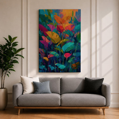 Vibrant abstract botanical wall art featuring colorful tropical leaves in bold shades of teal, orange, pink, yellow, and green. Contemporary floral artwork with expressive brushstrokes, layered foliage, and modern nature-inspired design perfect for bright and stylish interiors.