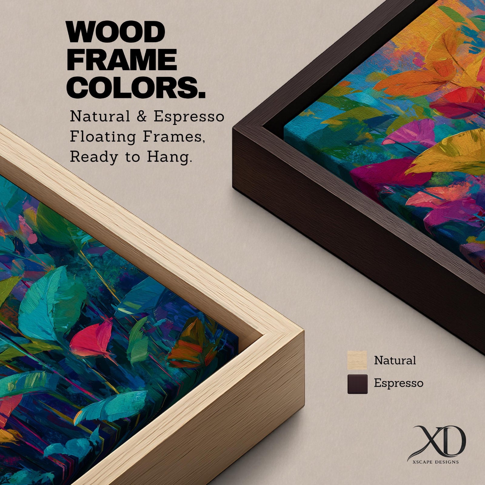 Vibrant abstract botanical wall art featuring colorful tropical leaves in bold shades of teal, orange, pink, yellow, and green. Contemporary floral artwork with expressive brushstrokes, layered foliage, and modern nature-inspired design perfect for bright and stylish interiors.