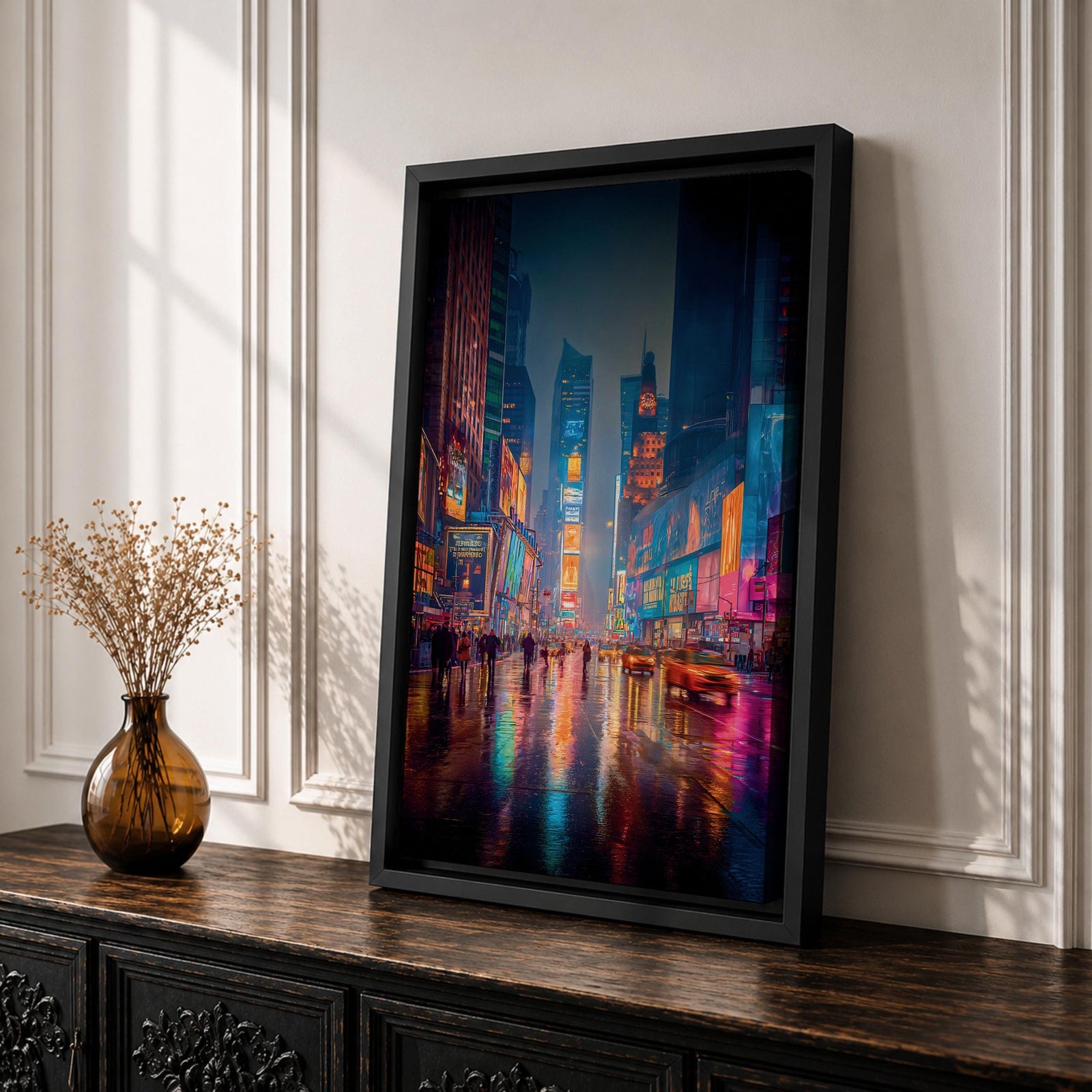 Vibrant Times Square wall art featuring neon billboards, glowing skyscrapers, city traffic, pedestrians, and colorful reflections on rain-soaked streets. Modern urban canvas artwork inspired by New York City nightlife and contemporary metropolitan decor.