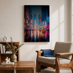 Vibrant Times Square wall art featuring neon billboards, glowing skyscrapers, city traffic, pedestrians, and colorful reflections on rain-soaked streets. Modern urban canvas artwork inspired by New York City nightlife and contemporary metropolitan decor.
