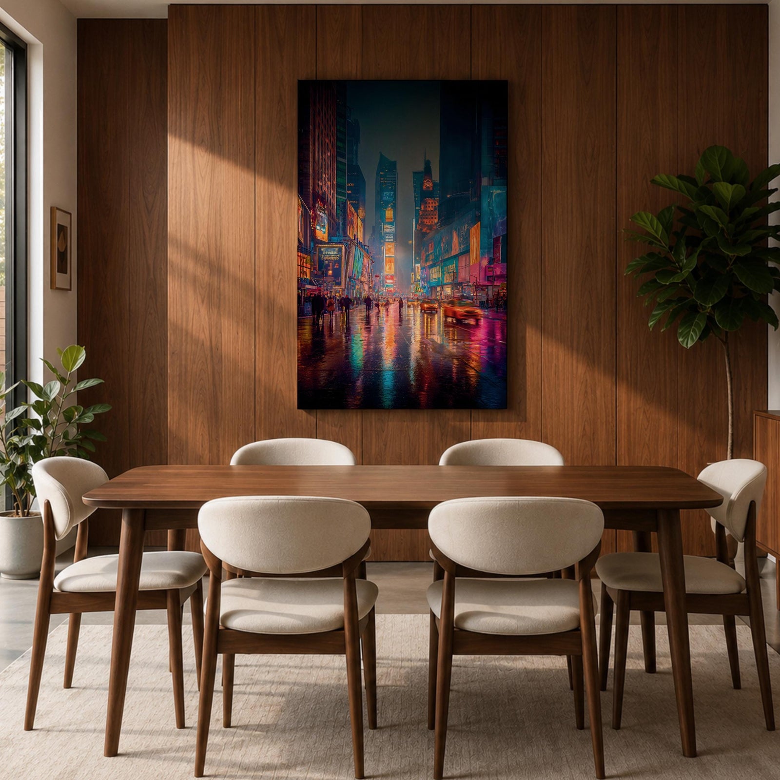 Vibrant Times Square wall art featuring neon billboards, glowing skyscrapers, city traffic, pedestrians, and colorful reflections on rain-soaked streets. Modern urban canvas artwork inspired by New York City nightlife and contemporary metropolitan decor.