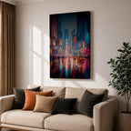 Vibrant Times Square wall art featuring neon billboards, glowing skyscrapers, city traffic, pedestrians, and colorful reflections on rain-soaked streets. Modern urban canvas artwork inspired by New York City nightlife and contemporary metropolitan decor.