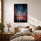 Vibrant Times Square wall art featuring neon billboards, glowing skyscrapers, city traffic, pedestrians, and colorful reflections on rain-soaked streets. Modern urban canvas artwork inspired by New York City nightlife and contemporary metropolitan decor.