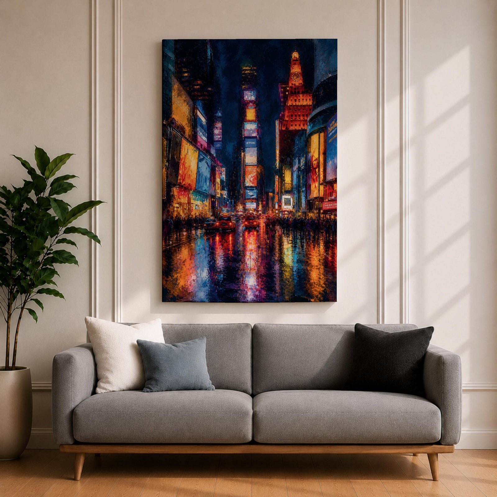 Bring the energy of Manhattan into your space with this Times Square Wall Art, featuring vibrant neon reflections shimmering across rain-soaked streets in a rich impressionist style. Bold city lights, expressive brushwork, and dramatic nighttime colors make this New York canvas a striking centerpiece for offices, lofts, and modern interiors.