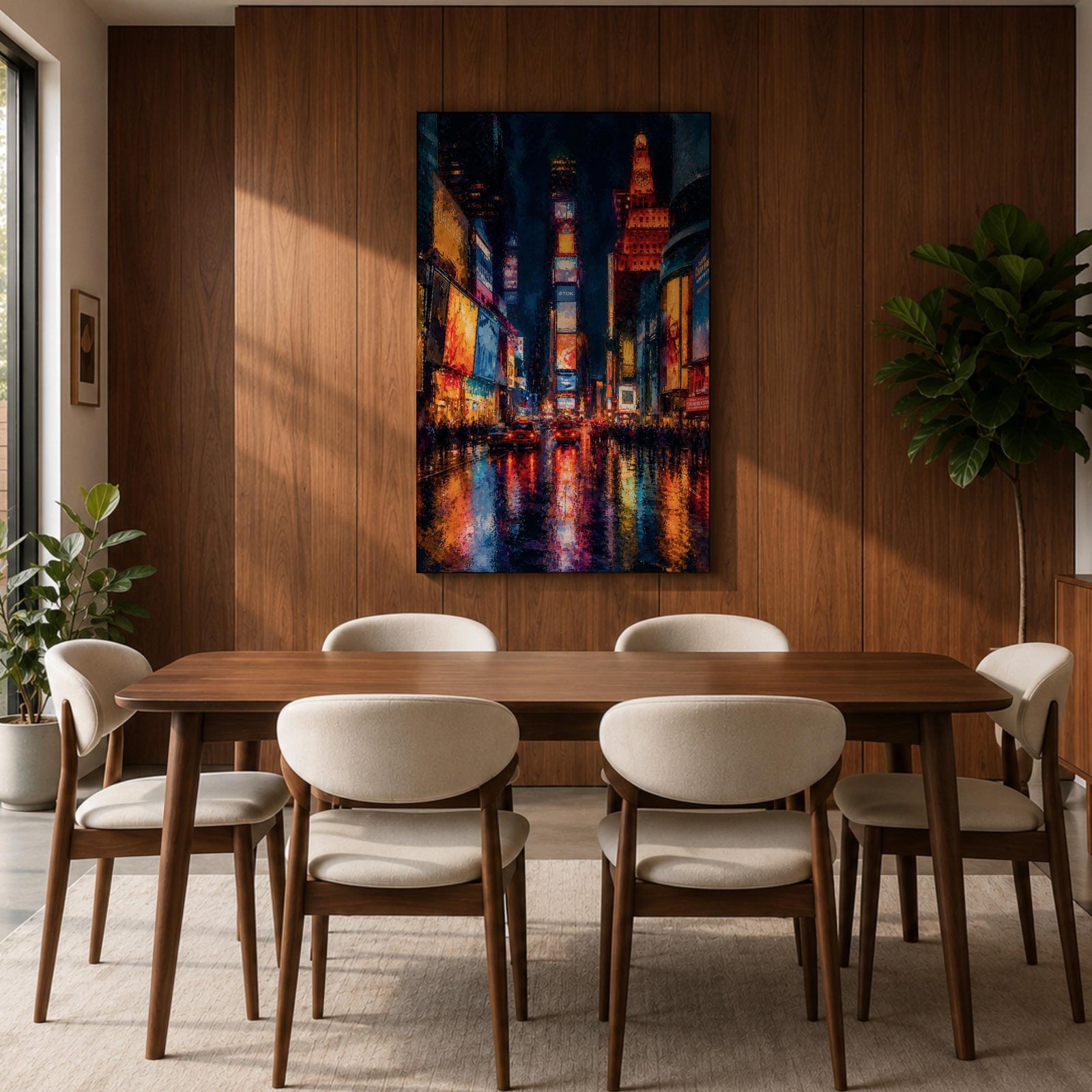 Bring the energy of Manhattan into your space with this Times Square Wall Art, featuring vibrant neon reflections shimmering across rain-soaked streets in a rich impressionist style. Bold city lights, expressive brushwork, and dramatic nighttime colors make this New York canvas a striking centerpiece for offices, lofts, and modern interiors.