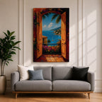 Mediterranean coastal landscape viewed through open wooden doors overlooking a bright blue sea. Colorful flowers, palm trees, sailboats, and hillside villas create a romantic Italian seaside scene in a vibrant impressionist framed canvas artwork.