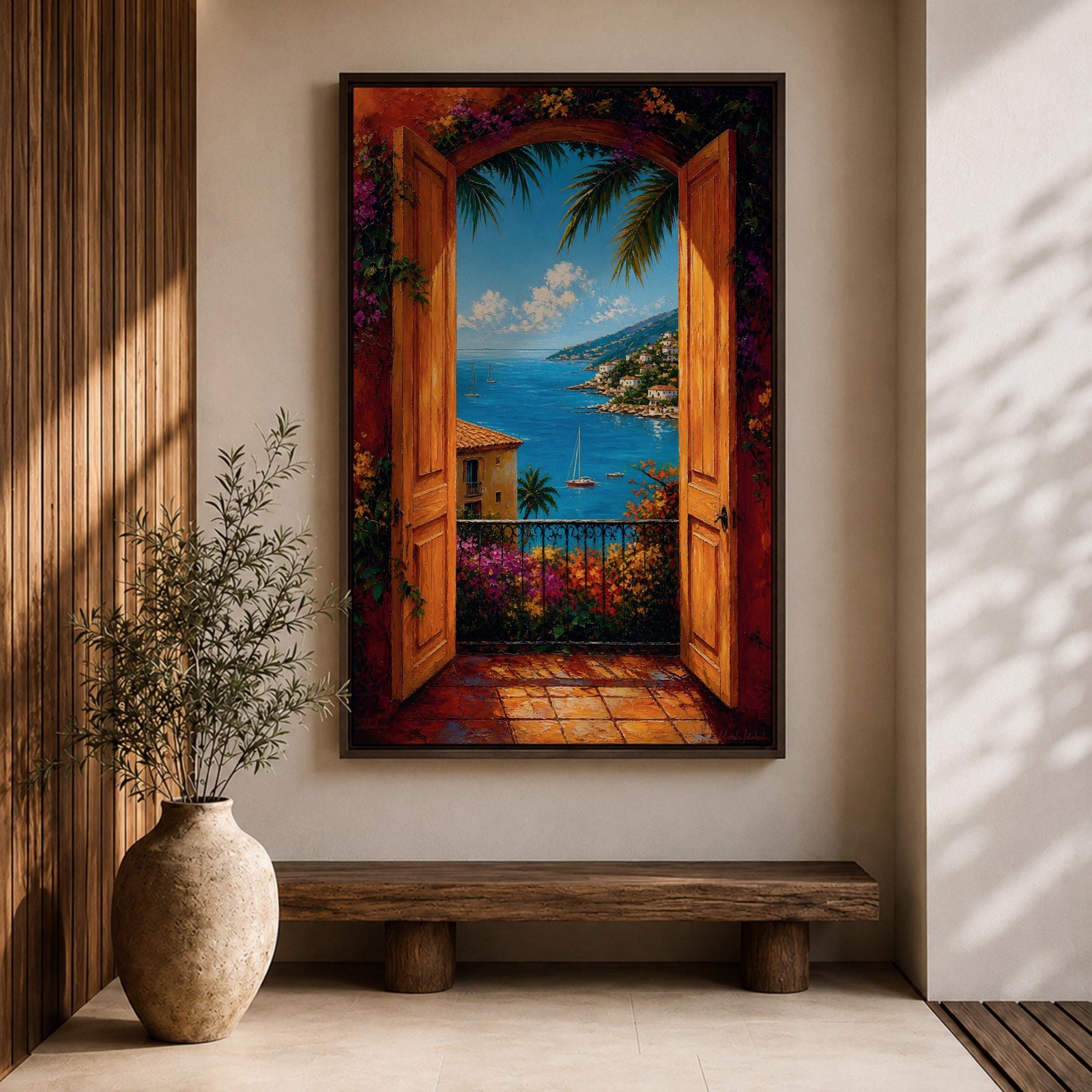 Mediterranean coastal landscape viewed through open wooden doors overlooking a bright blue sea. Colorful flowers, palm trees, sailboats, and hillside villas create a romantic Italian seaside scene in a vibrant impressionist framed canvas artwork.