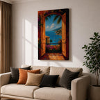 Mediterranean coastal landscape viewed through open wooden doors overlooking a bright blue sea. Colorful flowers, palm trees, sailboats, and hillside villas create a romantic Italian seaside scene in a vibrant impressionist framed canvas artwork.