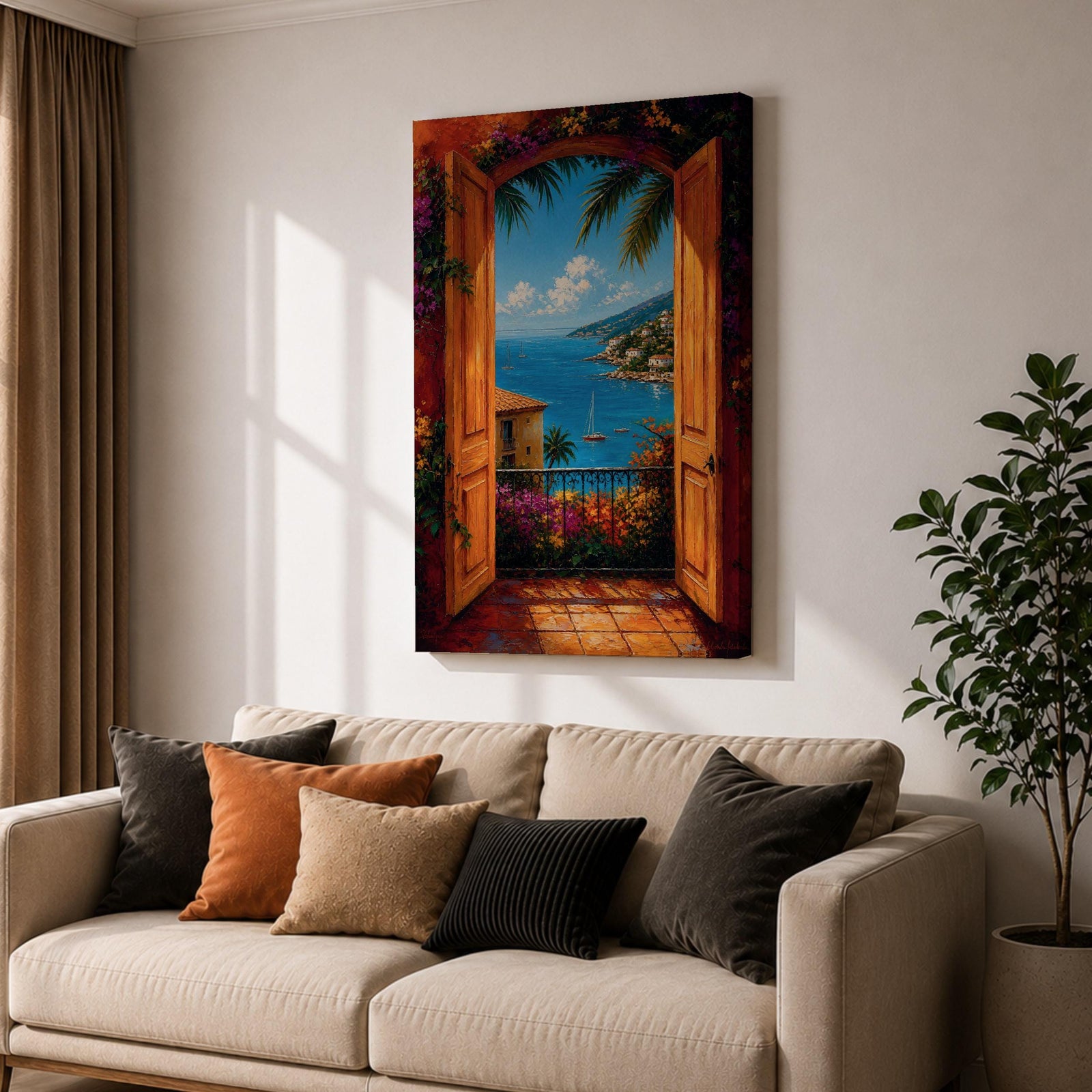 Mediterranean coastal landscape viewed through open wooden doors overlooking a bright blue sea. Colorful flowers, palm trees, sailboats, and hillside villas create a romantic Italian seaside scene in a vibrant impressionist framed canvas artwork.