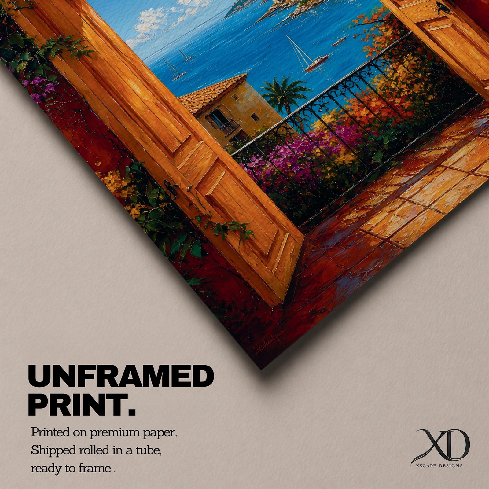 Mediterranean coastal landscape viewed through open wooden doors overlooking a bright blue sea. Colorful flowers, palm trees, sailboats, and hillside villas create a romantic Italian seaside scene in a vibrant impressionist framed canvas artwork.