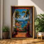 Vibrant tropical window wall art featuring open shutters overlooking a sparkling ocean bay with sailboats, palm trees, colorful flowers, and Mediterranean-style coastal homes. Scenic seaside artwork with rich colors, vacation-inspired charm, and relaxing coastal decor appeal.