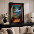 Vibrant tropical window wall art featuring open shutters overlooking a sparkling ocean bay with sailboats, palm trees, colorful flowers, and Mediterranean-style coastal homes. Scenic seaside artwork with rich colors, vacation-inspired charm, and relaxing coastal decor appeal.