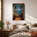 Vibrant tropical window wall art featuring open shutters overlooking a sparkling ocean bay with sailboats, palm trees, colorful flowers, and Mediterranean-style coastal homes. Scenic seaside artwork with rich colors, vacation-inspired charm, and relaxing coastal decor appeal.