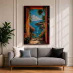 Mediterranean coastal wall art featuring open wooden shutters overlooking a sparkling blue bay, palm trees, colorful flowers, sailboats, and a charming seaside village. Impressionist ocean view canvas perfect for beach house, coastal, and Mediterranean-inspired interiors.