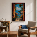Mediterranean coastal wall art featuring open wooden shutters overlooking a sparkling blue bay, palm trees, colorful flowers, sailboats, and a charming seaside village. Impressionist ocean view canvas perfect for beach house, coastal, and Mediterranean-inspired interiors.