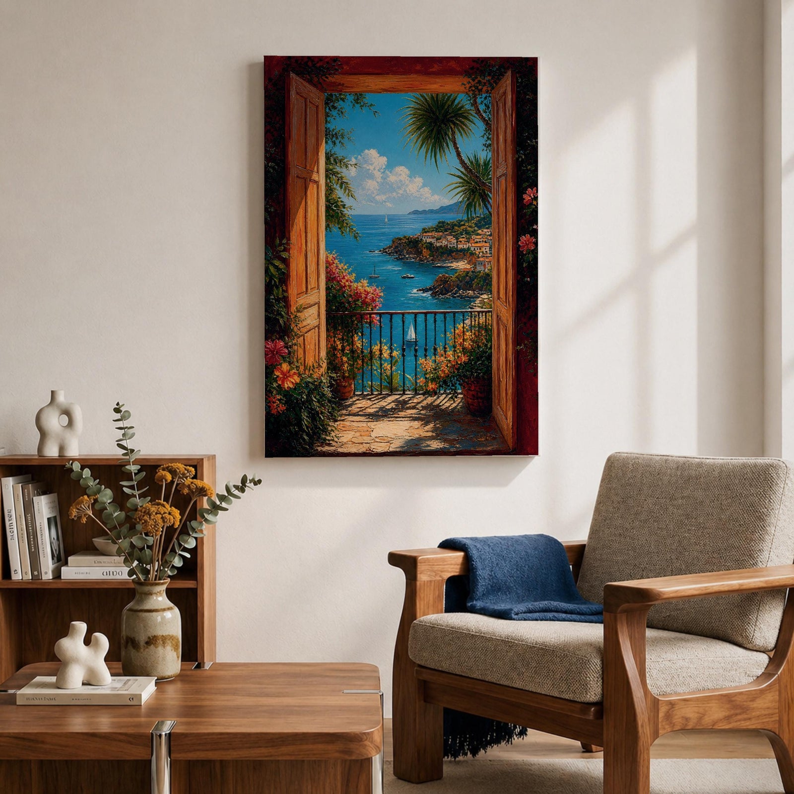 Mediterranean coastal wall art featuring open wooden shutters overlooking a sparkling blue bay, palm trees, colorful flowers, sailboats, and a charming seaside village. Impressionist ocean view canvas perfect for beach house, coastal, and Mediterranean-inspired interiors.
