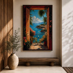 Mediterranean coastal wall art featuring open wooden shutters overlooking a sparkling blue bay, palm trees, colorful flowers, sailboats, and a charming seaside village. Impressionist ocean view canvas perfect for beach house, coastal, and Mediterranean-inspired interiors.