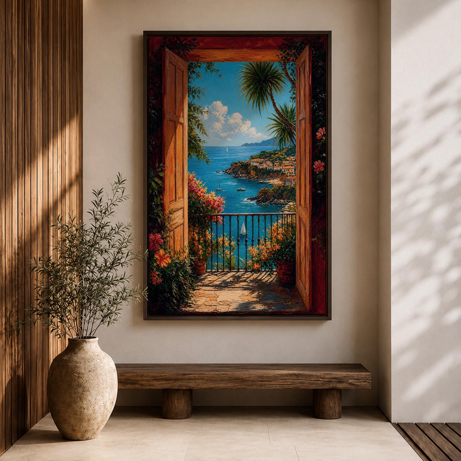 Mediterranean coastal wall art featuring open wooden shutters overlooking a sparkling blue bay, palm trees, colorful flowers, sailboats, and a charming seaside village. Impressionist ocean view canvas perfect for beach house, coastal, and Mediterranean-inspired interiors.