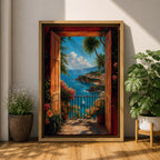 Mediterranean coastal wall art featuring open wooden shutters overlooking a sparkling blue bay, palm trees, colorful flowers, sailboats, and a charming seaside village. Impressionist ocean view canvas perfect for beach house, coastal, and Mediterranean-inspired interiors.