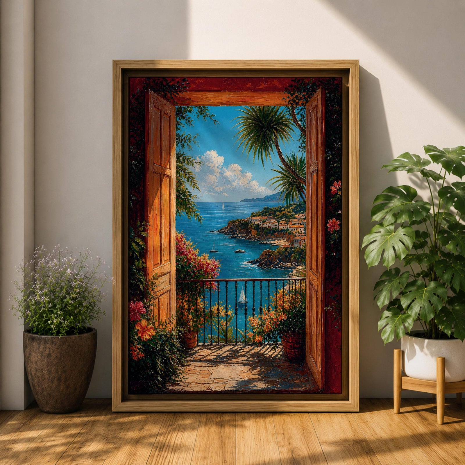 Mediterranean coastal wall art featuring open wooden shutters overlooking a sparkling blue bay, palm trees, colorful flowers, sailboats, and a charming seaside village. Impressionist ocean view canvas perfect for beach house, coastal, and Mediterranean-inspired interiors.