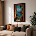 Mediterranean coastal wall art featuring open wooden shutters overlooking a sparkling blue bay, palm trees, colorful flowers, sailboats, and a charming seaside village. Impressionist ocean view canvas perfect for beach house, coastal, and Mediterranean-inspired interiors.