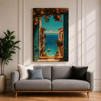 Escape to the seaside with this Mediterranean Coastal Wall Art, featuring an open turquoise window overlooking a sparkling blue ocean framed by vibrant orange trees. This scenic canvas print brings timeless European charm to living rooms, bedrooms, beach houses, and coastal-inspired spaces.