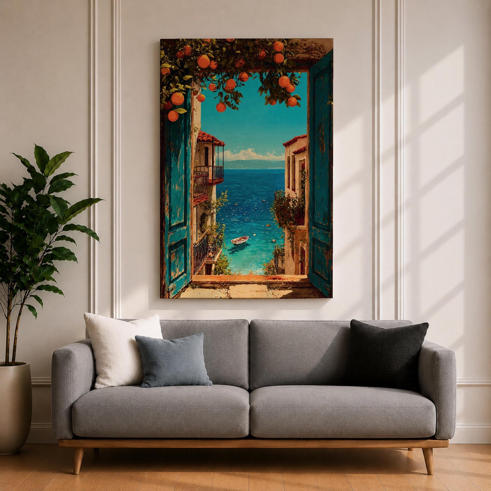 Escape to the seaside with this Mediterranean Coastal Wall Art, featuring an open turquoise window overlooking a sparkling blue ocean framed by vibrant orange trees. This scenic canvas print brings timeless European charm to living rooms, bedrooms, beach houses, and coastal-inspired spaces.