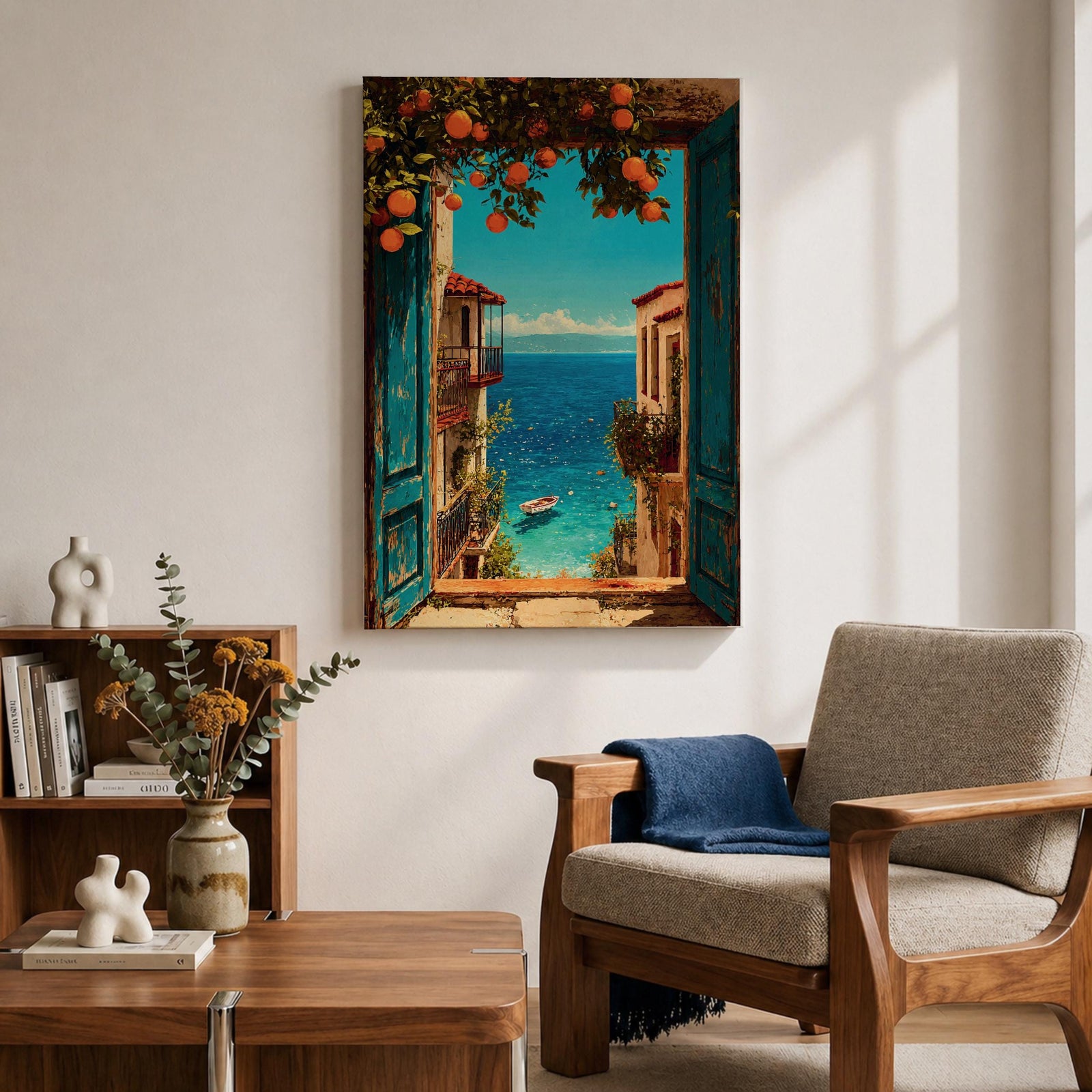 Escape to the seaside with this Mediterranean Coastal Wall Art, featuring an open turquoise window overlooking a sparkling blue ocean framed by vibrant orange trees. This scenic canvas print brings timeless European charm to living rooms, bedrooms, beach houses, and coastal-inspired spaces.