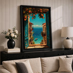 Escape to the seaside with this Mediterranean Coastal Wall Art, featuring an open turquoise window overlooking a sparkling blue ocean framed by vibrant orange trees. This scenic canvas print brings timeless European charm to living rooms, bedrooms, beach houses, and coastal-inspired spaces.