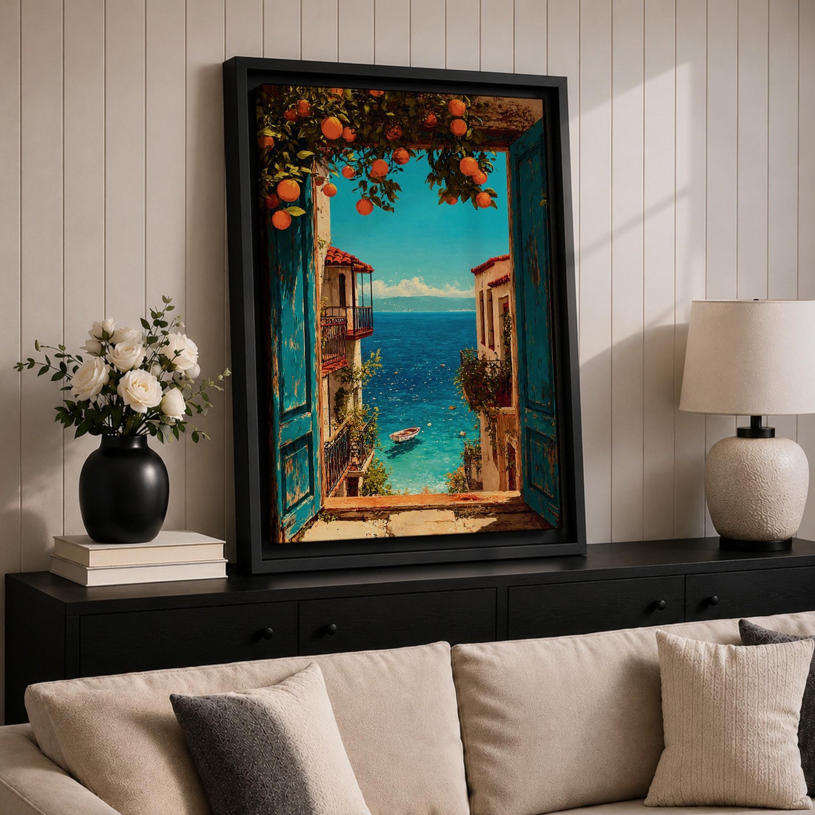 Escape to the seaside with this Mediterranean Coastal Wall Art, featuring an open turquoise window overlooking a sparkling blue ocean framed by vibrant orange trees. This scenic canvas print brings timeless European charm to living rooms, bedrooms, beach houses, and coastal-inspired spaces.