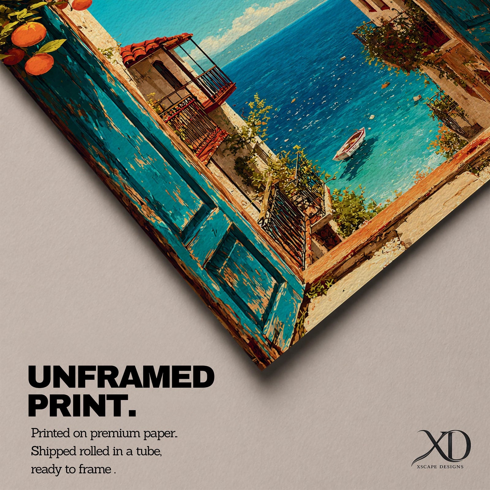 Escape to the seaside with this Mediterranean Coastal Wall Art, featuring an open turquoise window overlooking a sparkling blue ocean framed by vibrant orange trees. This scenic canvas print brings timeless European charm to living rooms, bedrooms, beach houses, and coastal-inspired spaces.