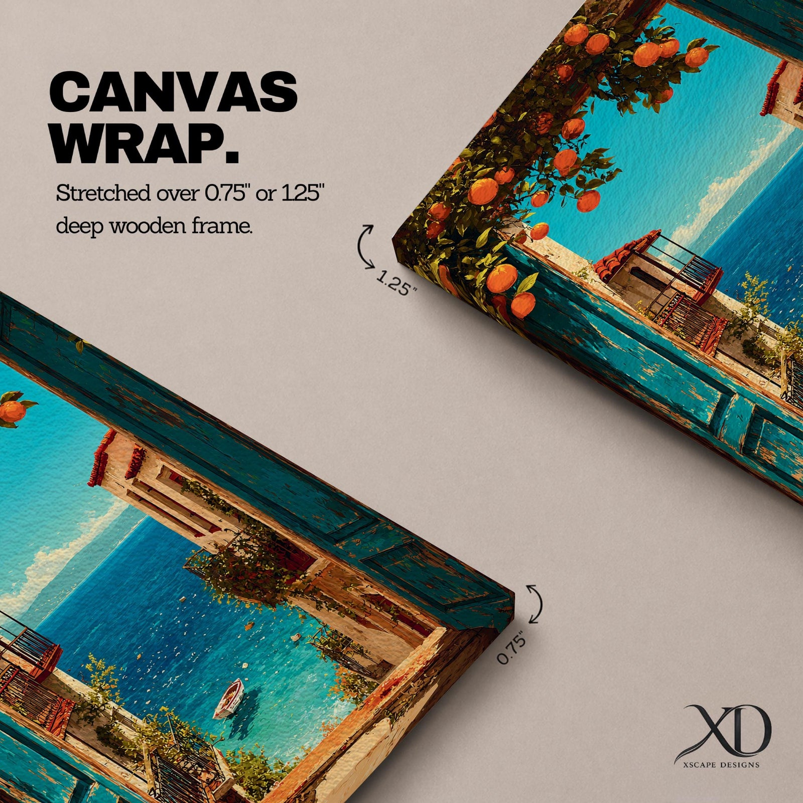 Escape to the seaside with this Mediterranean Coastal Wall Art, featuring an open turquoise window overlooking a sparkling blue ocean framed by vibrant orange trees. This scenic canvas print brings timeless European charm to living rooms, bedrooms, beach houses, and coastal-inspired spaces.