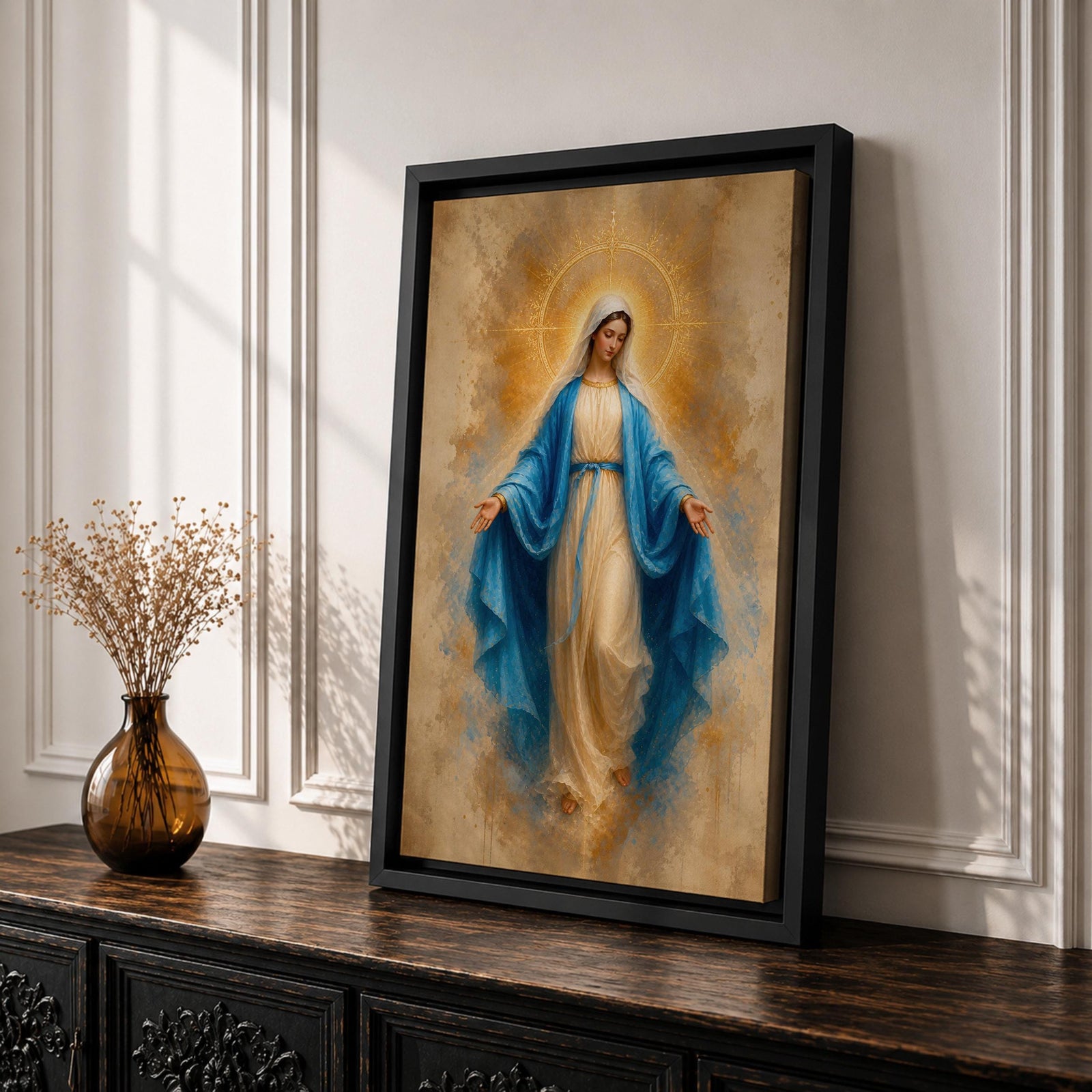 Bring peace and inspiration into your home with this Our Lady of Grace Wall Art, featuring the Blessed Virgin Mary in flowing blue robes illuminated by a radiant gold halo. Soft neutral tones and timeless Christian artistry create a beautiful centerpiece for prayer rooms, living rooms, and sacred spaces.