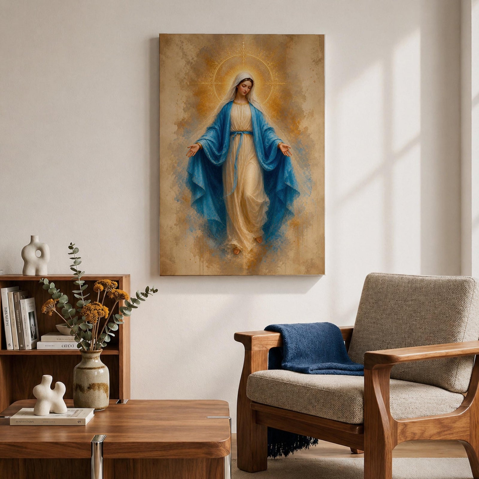 Bring peace and inspiration into your home with this Our Lady of Grace Wall Art, featuring the Blessed Virgin Mary in flowing blue robes illuminated by a radiant gold halo. Soft neutral tones and timeless Christian artistry create a beautiful centerpiece for prayer rooms, living rooms, and sacred spaces.