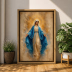Bring peace and inspiration into your home with this Our Lady of Grace Wall Art, featuring the Blessed Virgin Mary in flowing blue robes illuminated by a radiant gold halo. Soft neutral tones and timeless Christian artistry create a beautiful centerpiece for prayer rooms, living rooms, and sacred spaces.