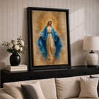 Bring peace and inspiration into your home with this Our Lady of Grace Wall Art, featuring the Blessed Virgin Mary in flowing blue robes illuminated by a radiant gold halo. Soft neutral tones and timeless Christian artistry create a beautiful centerpiece for prayer rooms, living rooms, and sacred spaces.
