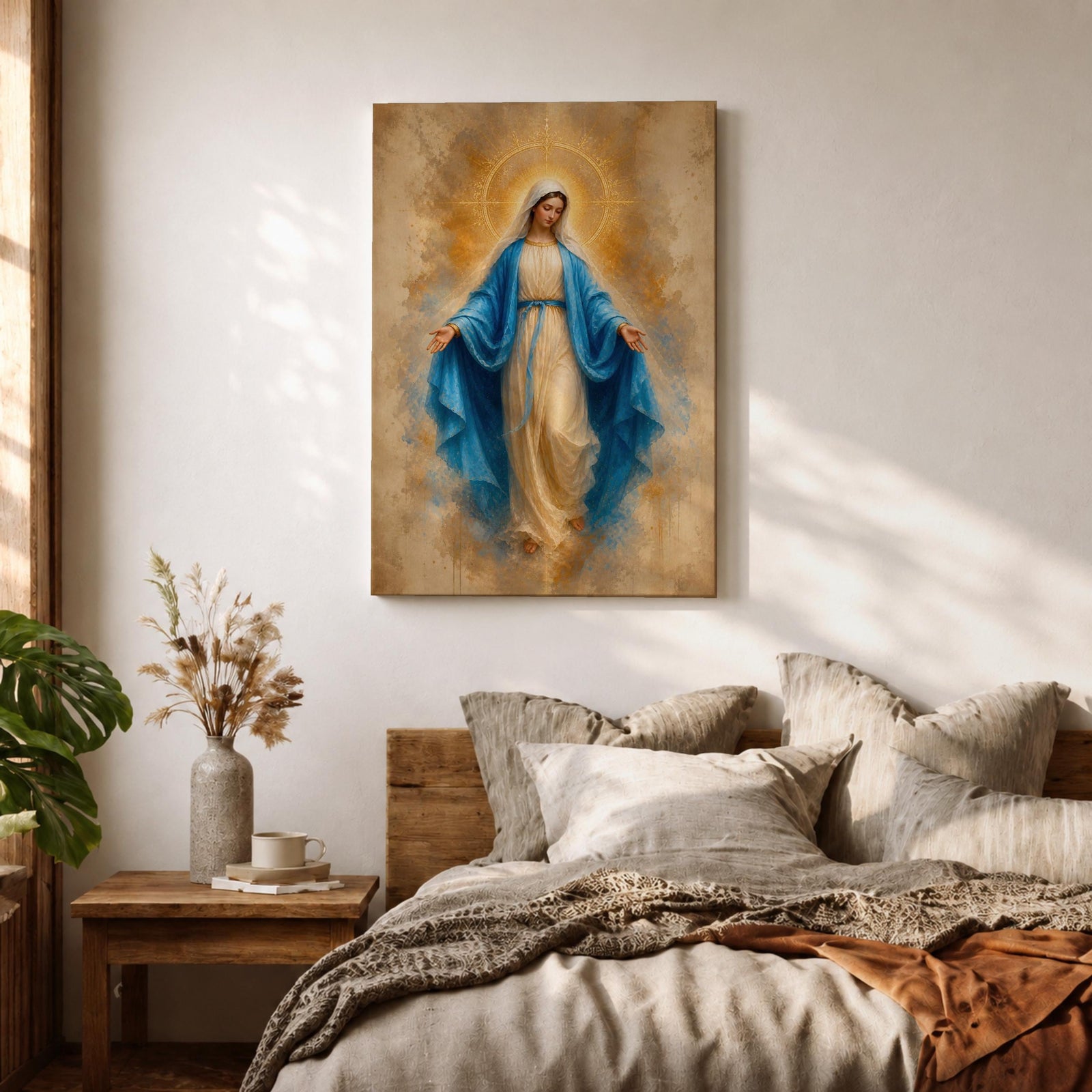 Bring peace and inspiration into your home with this Our Lady of Grace Wall Art, featuring the Blessed Virgin Mary in flowing blue robes illuminated by a radiant gold halo. Soft neutral tones and timeless Christian artistry create a beautiful centerpiece for prayer rooms, living rooms, and sacred spaces.