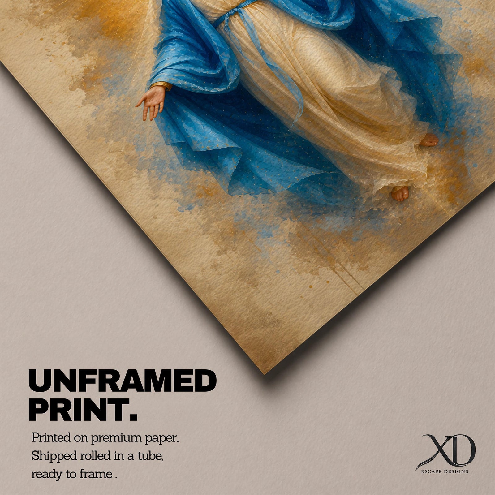 Bring peace and inspiration into your home with this Our Lady of Grace Wall Art, featuring the Blessed Virgin Mary in flowing blue robes illuminated by a radiant gold halo. Soft neutral tones and timeless Christian artistry create a beautiful centerpiece for prayer rooms, living rooms, and sacred spaces.