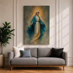 Elegant Virgin Mary wall art featuring the Blessed Mother in flowing blue and white robes with a radiant golden halo. Soft impressionist textures and serene colors create a sacred Catholic artwork ideal for prayer rooms, bedrooms, churches, and Christian home decor.