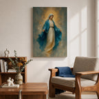 Elegant Virgin Mary wall art featuring the Blessed Mother in flowing blue and white robes with a radiant golden halo. Soft impressionist textures and serene colors create a sacred Catholic artwork ideal for prayer rooms, bedrooms, churches, and Christian home decor.